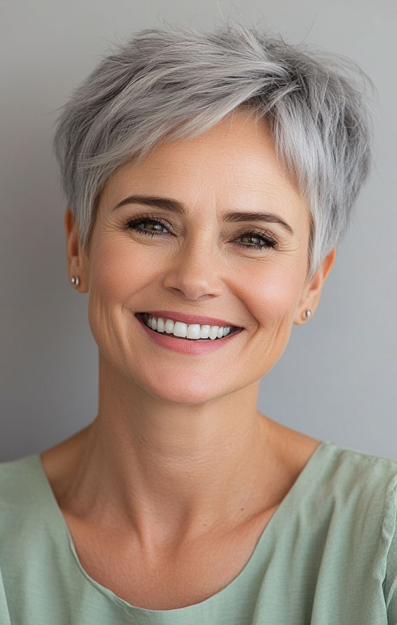 43 Chic Pixie Haircut for Women Over 50 : Soft Grey Pixie with Gentle Layers