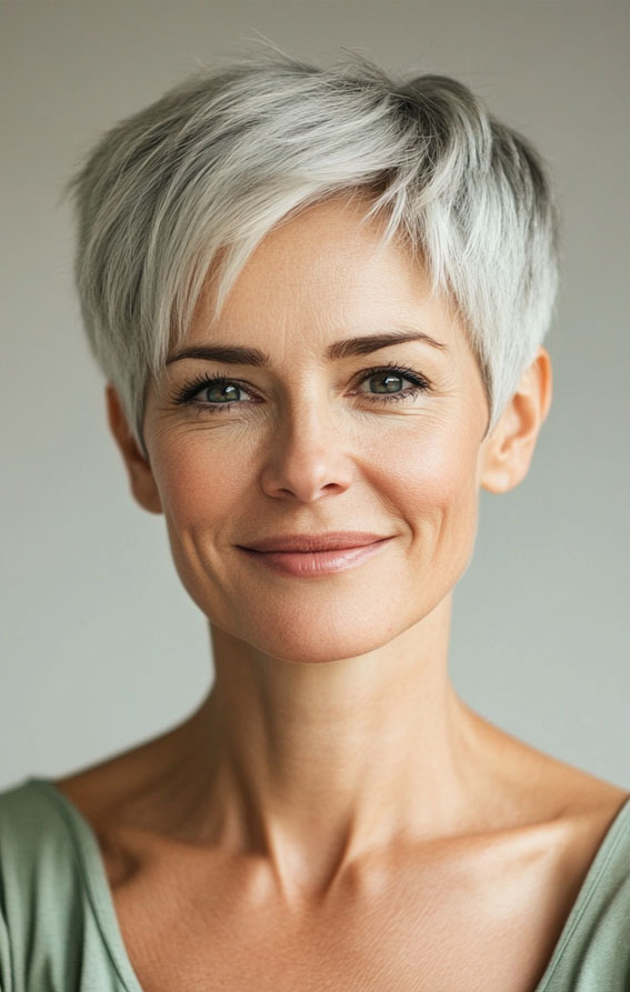 43 Chic Pixie Haircut for Women Over 50 : Cool Platinum Pixie with Side Swept Fringe