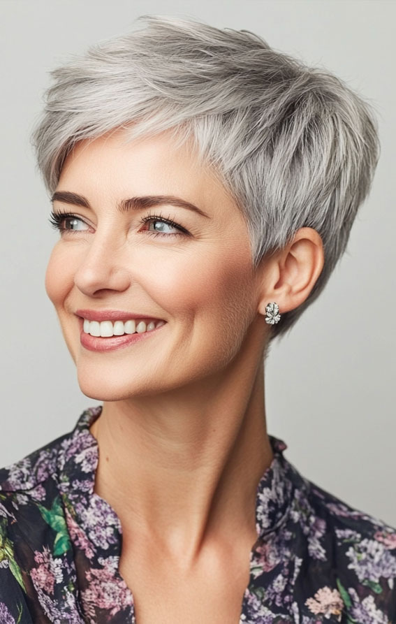 43 Chic Pixie Haircut for Women Over 50 : Elegant Silver Pixie with Side-Swept Layers