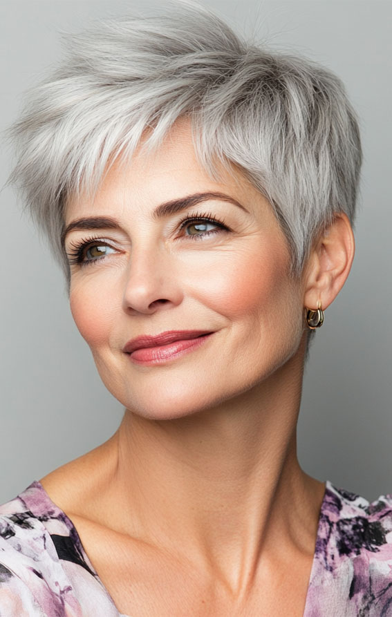 43 Chic Pixie Haircut for Women Over 50 : Tousled Layered Silver Pixie