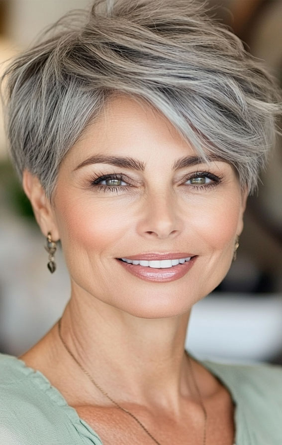 43 Chic Pixie Haircut for Women Over 50 : Textured Grey Pixie with Side-Swept Fringe