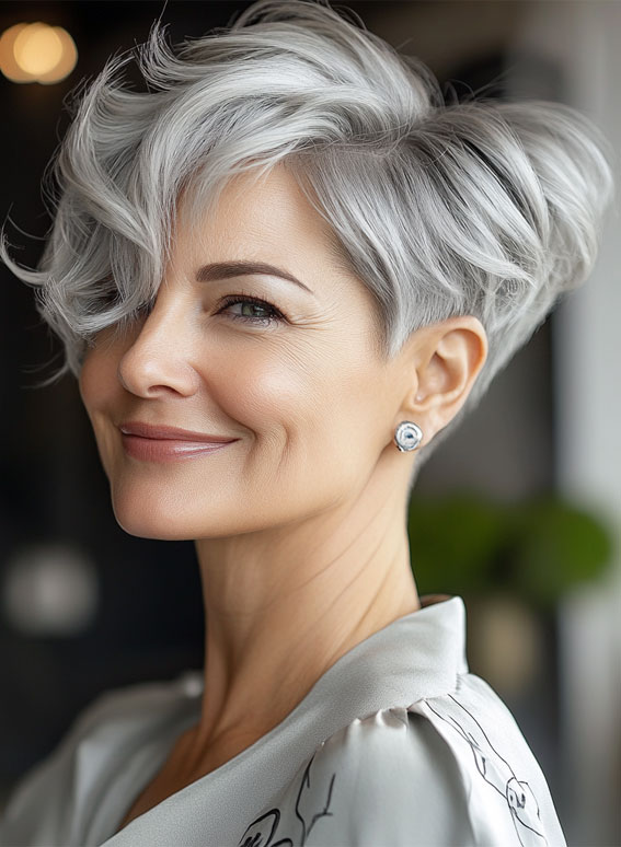 43 Chic Pixie Haircut for Women Over 50 : Silver Pixie with Soft Waves