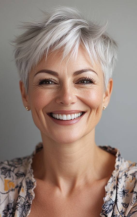 43 Chic Pixie Haircut for Women Over 50 : Bright Silver Pixie with Playful Layers