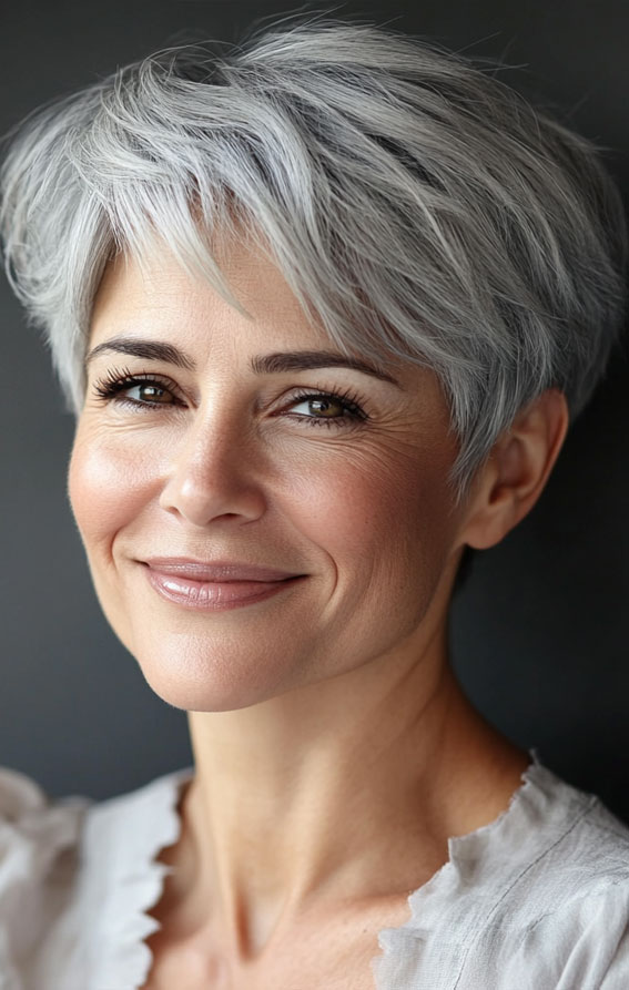 43 Chic Pixie Haircut for Women Over 50 : Soft Ash Grey Pixie with Feathered Layers