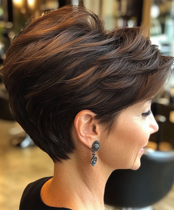 43 Chic Pixie Haircut for Women Over 50 : Voluminous Brunette Pixie with Soft Layers