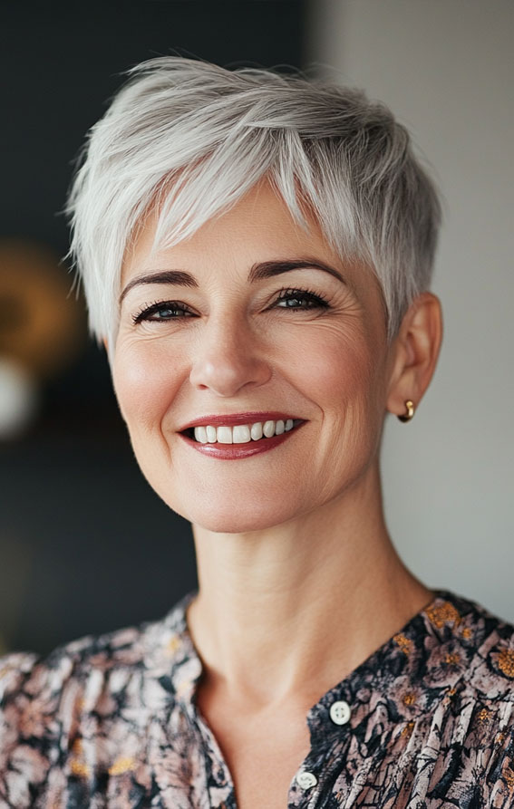 43 Chic Pixie Haircut for Women Over 50 : Silver Short Pixie with Layered Fringe