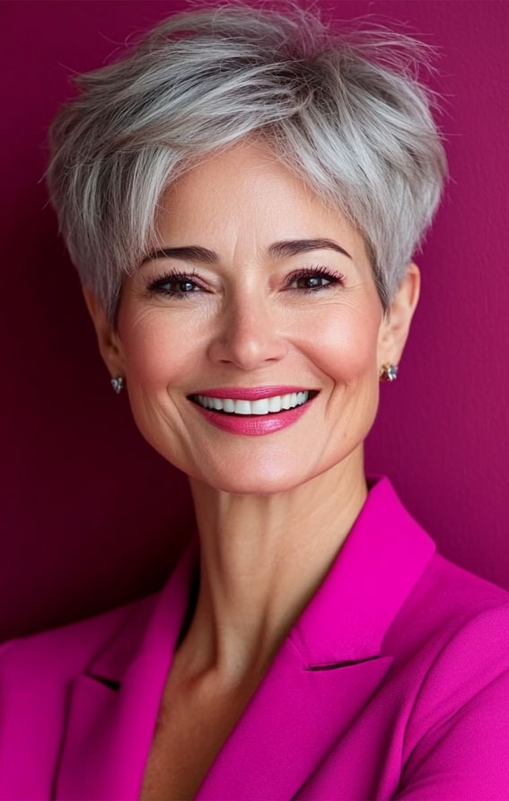 43 Chic Pixie Haircut for Women Over 50 : Silver Pixie with Feathered Volume for Thin Hair