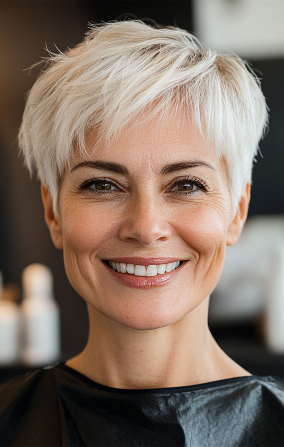 43 Chic Pixie Haircut for Women Over 50 : Bright Platinum Pixie with Soft Layers