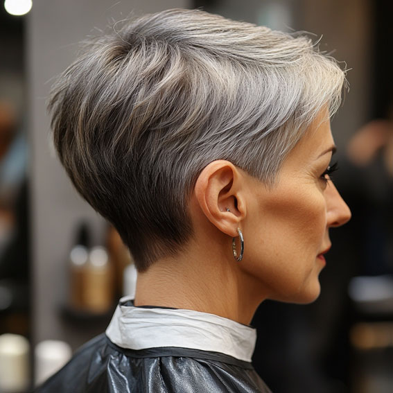 43 Chic Pixie Haircut for Women Over 50 : Sleek Silver Pixie with Tapered Nape