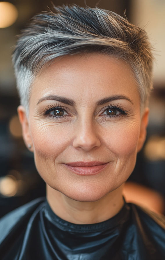 43 Chic Pixie Haircut for Women Over 50 : Salt-and-Pepper Pixie with Tapered Sides