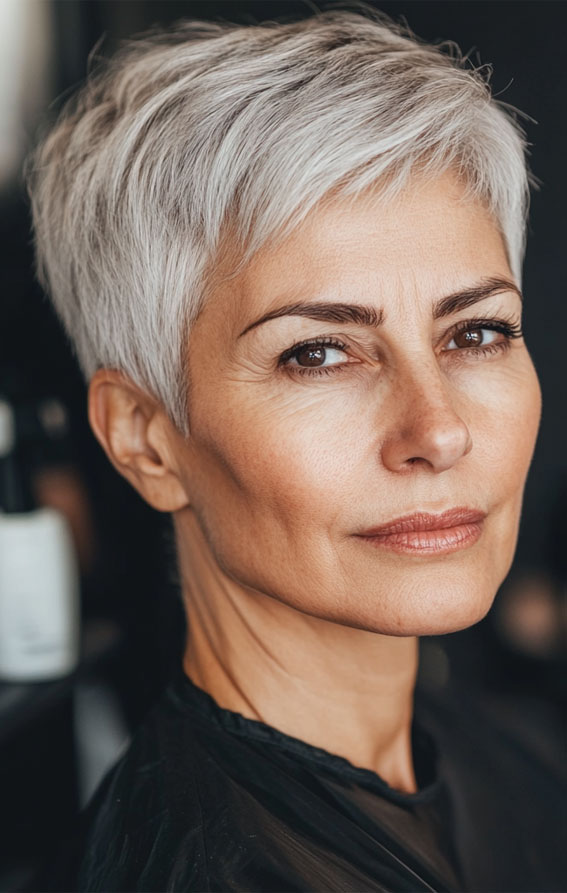 43 Chic Pixie Haircut for Women Over 50 : Sleek Silver Short Pixie