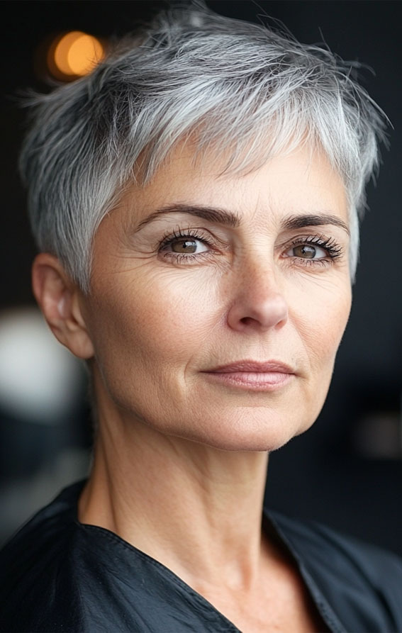 43 Chic Pixie Haircut for Women Over 50 : Sophisticated Silver Pixie with Soft Texture