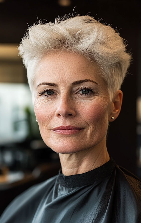 43 Chic Pixie Haircut for Women Over 50 : Elegant Silver Pixie with Volume