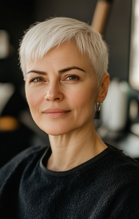 43 Chic Pixie Haircut for Women Over 50 : Minimalist White Blonde Pixie Cut