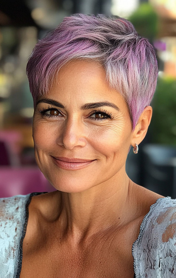 43 Chic Pixie Haircut for Women Over 50 : Lavender Pixie with Edgy Flair