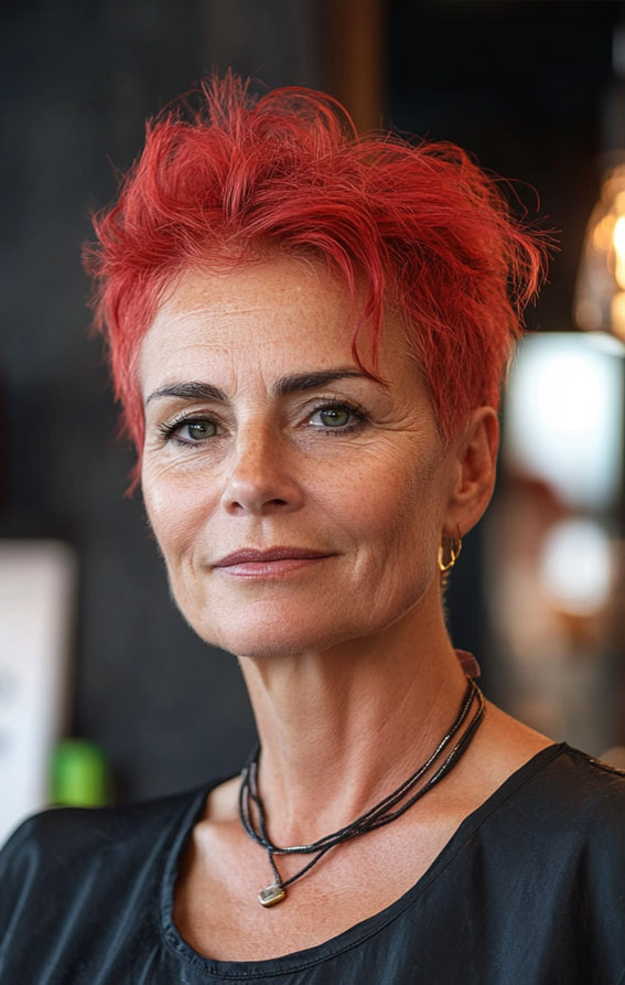 43 Chic Pixie Haircut for Women Over 50 : Red Pixie with Tousled Texture