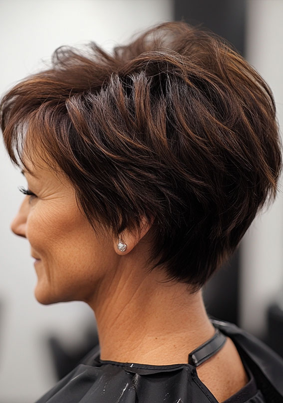 43 Chic Pixie Haircut for Women Over 50 : Textured Chocolate Brown Pixie with Layered Volume