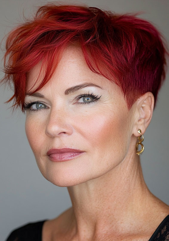 43 Chic Pixie Haircut for Women Over 50 : Edgy Fiery Red Pixie with Textured Layers