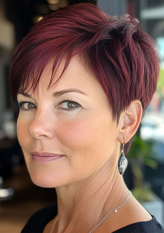 43 Chic Pixie Haircut for Women Over 50 : Rich Burgundy Pixie with Textured Layers