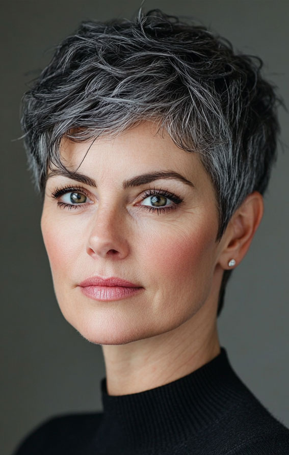 43 Chic Pixie Haircut for Women Over 50 : Edgy Charcoal Pixie with Tousled Texture