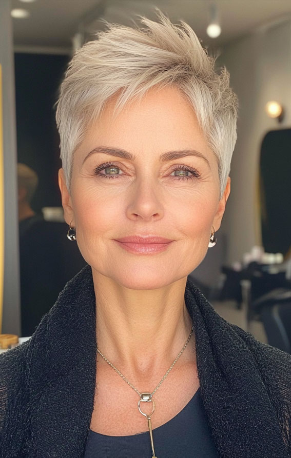 43 Chic Pixie Haircut for Women Over 50 : Platinum Pixie with Tapered Layers