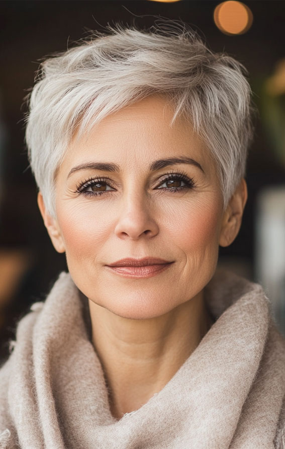 43 Chic Pixie Haircut for Women Over 50 : Silver Pixie with Subtle Texture