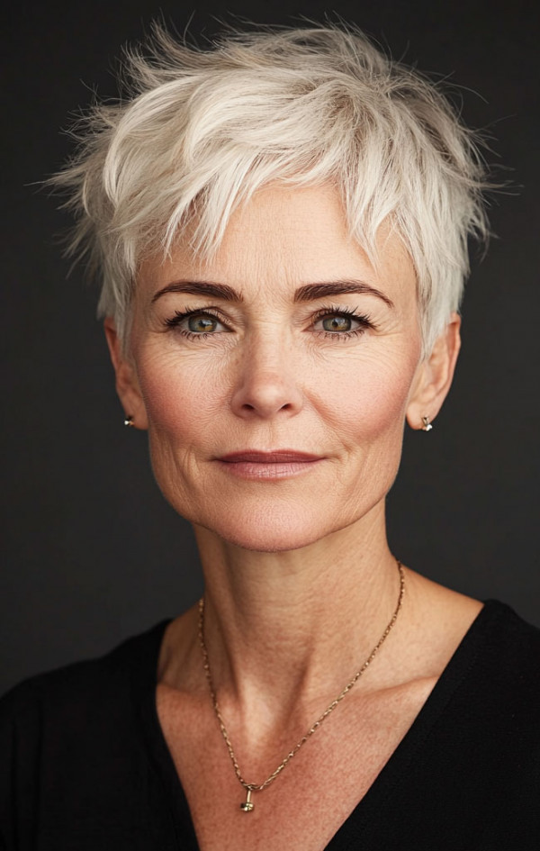 43 Chic Pixie Haircut for Women Over 50 : Bold Platinum Pixie with Textured Layers