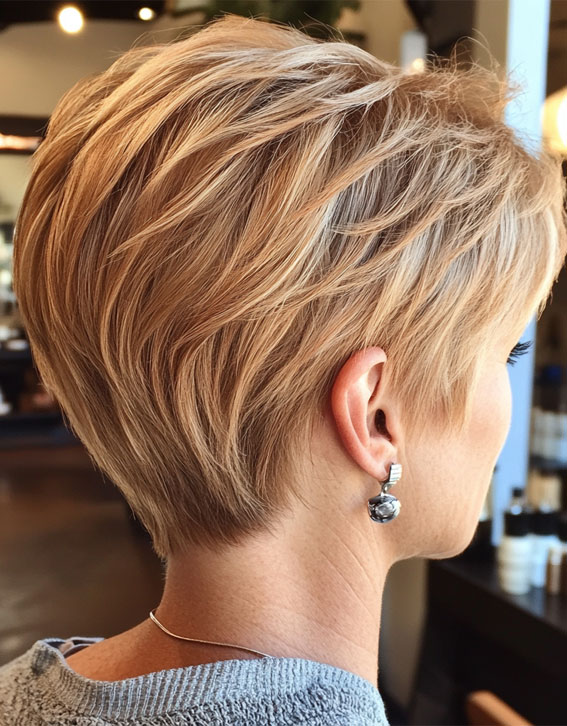 43 Chic Pixie Haircut for Women Over 50 : Warm Blonde Pixie with Layered Back