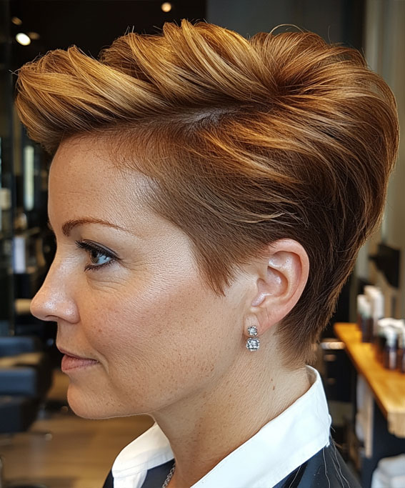 43 Chic Pixie Haircut for Women Over 50 : Copper Tapered Pixie with Voluminous Top