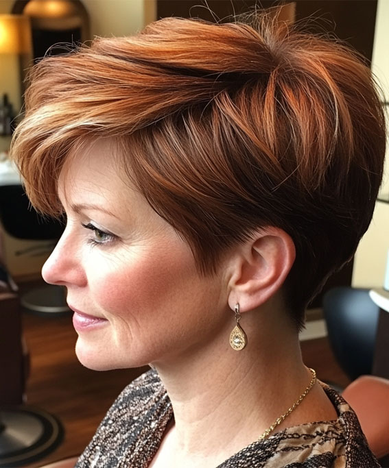 43 Chic Pixie Haircut for Women Over 50 : Warm Copper Pixie with Soft Layers