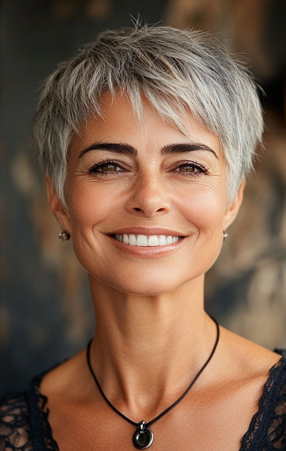 43 Chic Pixie Haircut for Women Over 50 : Natural Grey Pixie with Feathered Fringe