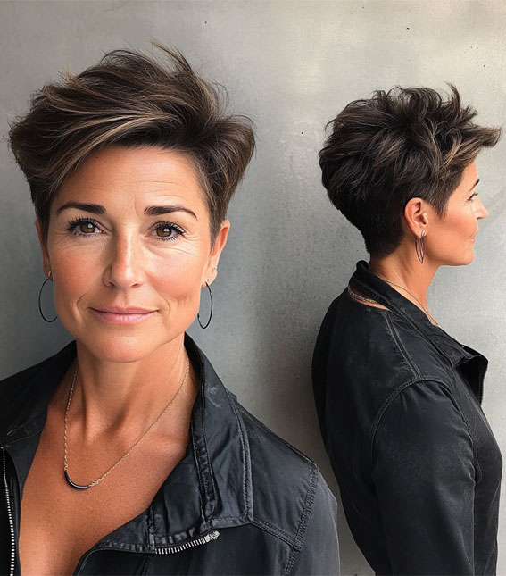 43 Chic Pixie Haircut for Women Over 50 : Textured Brunette Pixie with Volume