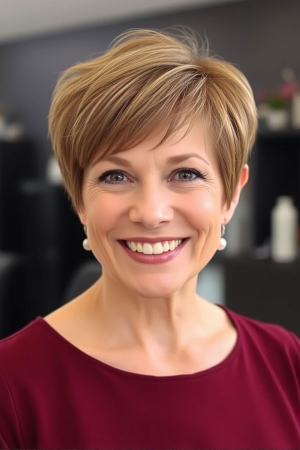 43 Chic Pixie Haircut for Women Over 50 : Warm Honey Blonde Pixie with Side Fringe