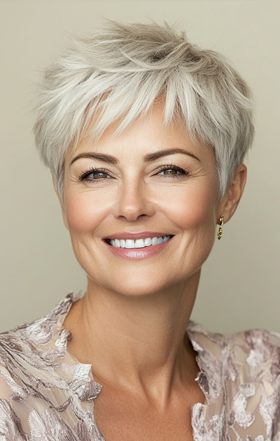 43 Chic Pixie Haircut for Women Over 50 : Soft Blonde Pixie with Feathered Layers