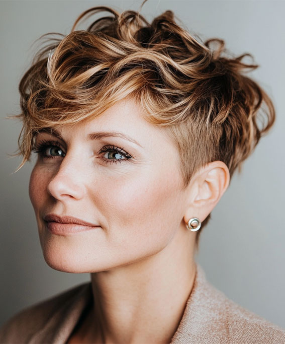 32 Pixie Haircuts For Women Over 40 : Warm Caramel Tousled Pixie