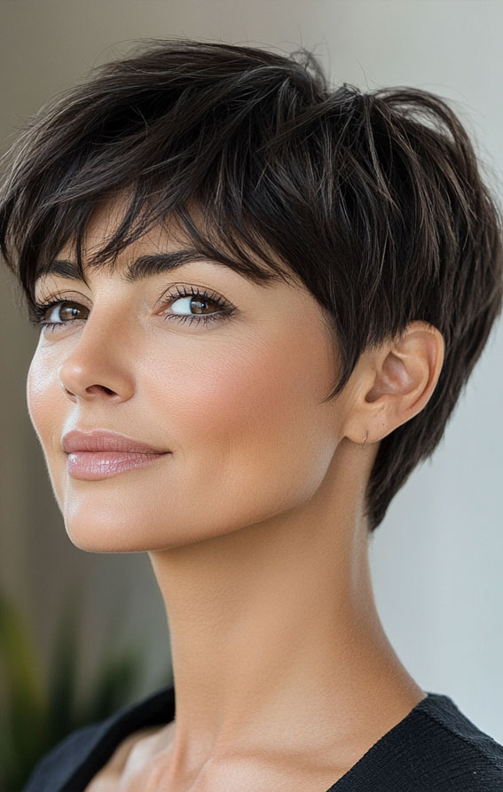 32 Pixie Haircuts For Women Over 40 : Chic Dark Brown Pixie with Soft Layers