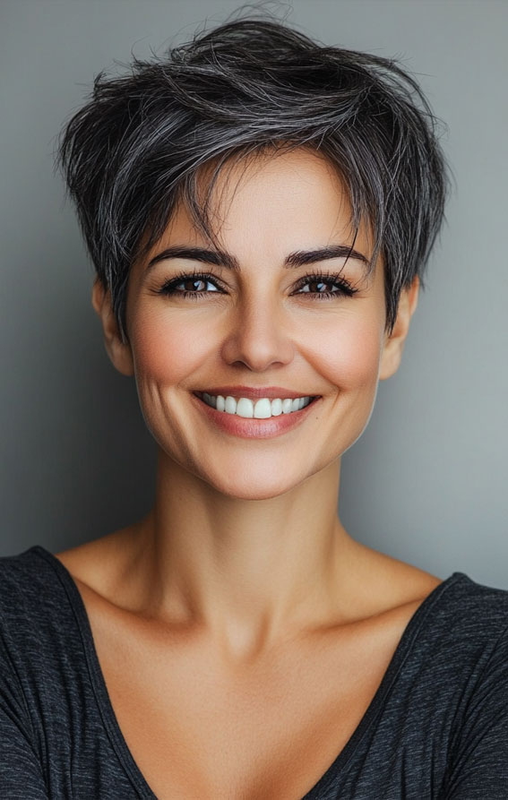 32 Pixie Haircuts For Women Over 40 : Charcoal Pixie with Textured Layers