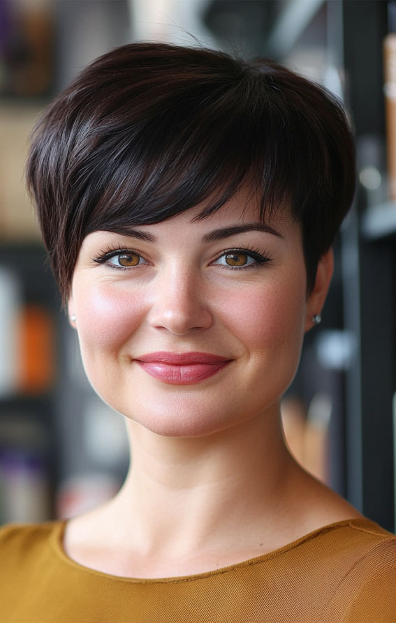 32 Pixie Haircuts For Women Over 40 : Sleek Dark Brown Pixie with Side-Swept Fringe