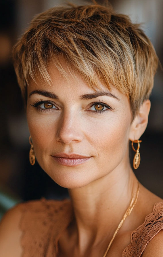 32 Pixie Haircuts For Women Over 40 : Soft Golden Pixie with Feathered Layers