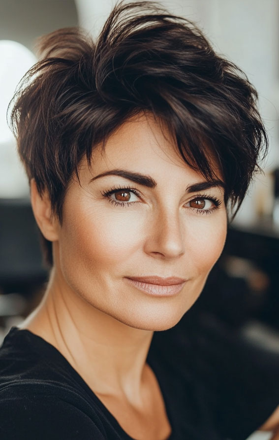 32 Pixie Haircuts For Women Over 40 : Layered Brunette Pixie with Tousled Texture