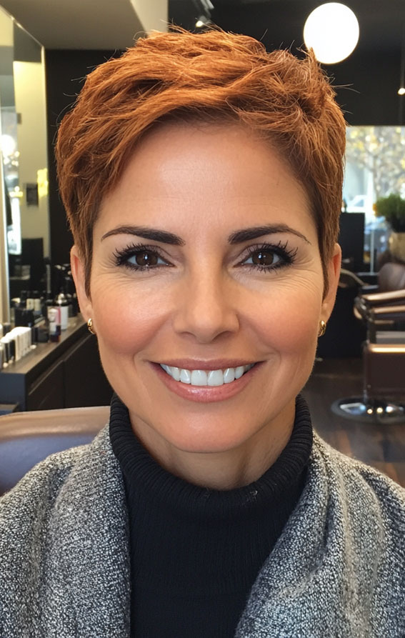 32 Pixie Haircuts For Women Over 40 : Polished Auburn Short Pixie with Finely Textured Layers