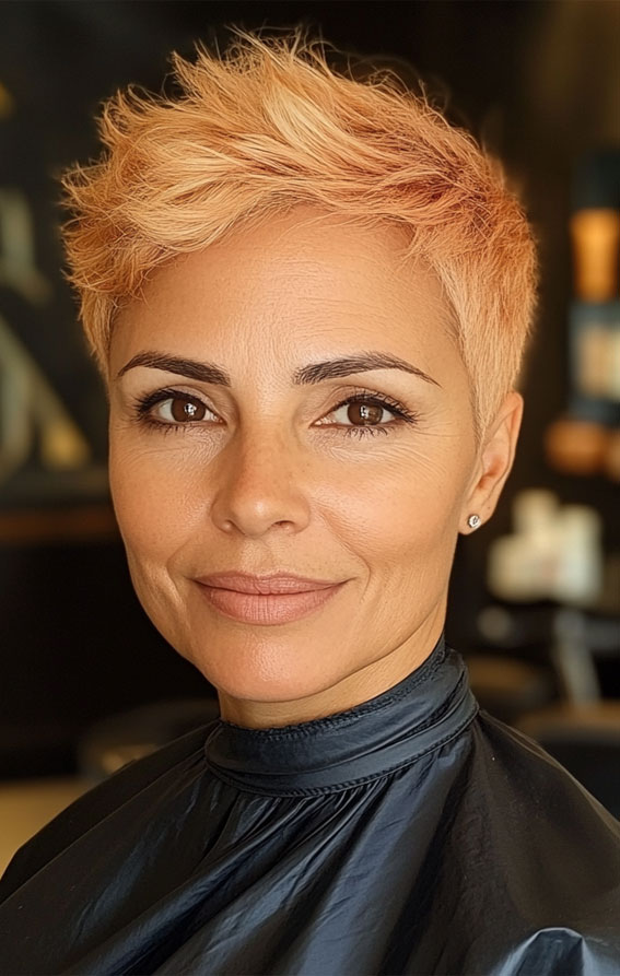 32 Pixie Haircuts For Women Over 40 : Peach Blonde Pixie with Textured Layers