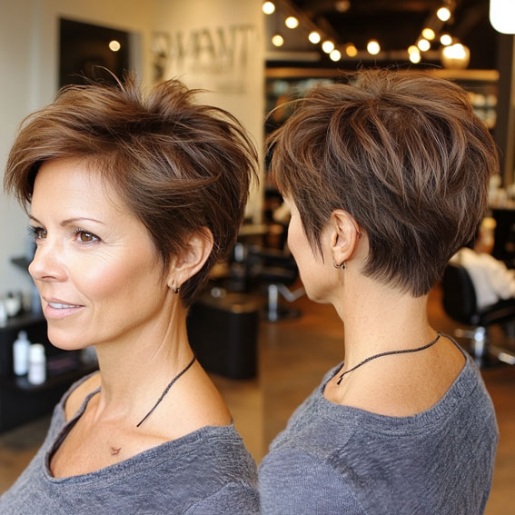 32 Pixie Haircuts For Women Over 40 : Layered Brunette Pixie with a Lifted Back