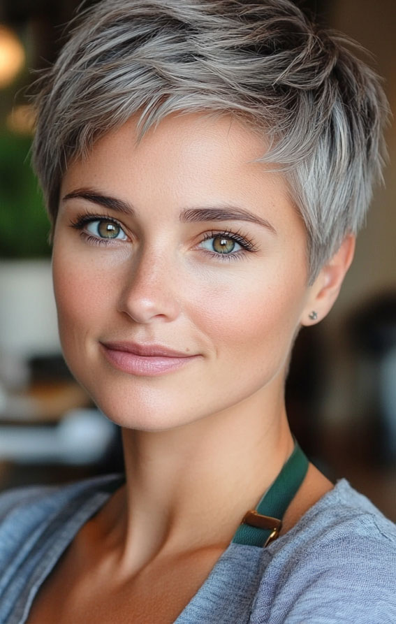 32 Pixie Haircuts For Women Over 40 : Silver Pixie with Soft Texture