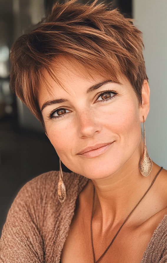 32 Pixie Haircuts For Women Over 40 : Warm Auburn Pixie with Tousled Layers