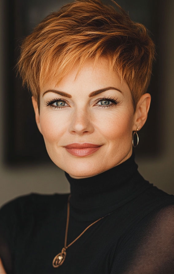 32 Pixie Haircuts For Women Over 40 : Fiery Copper Pixie with Sleek Layers