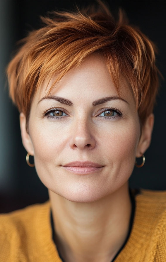 32 Pixie Haircuts For Women Over 40 : Warm Auburn Pixie with Effortless Texture