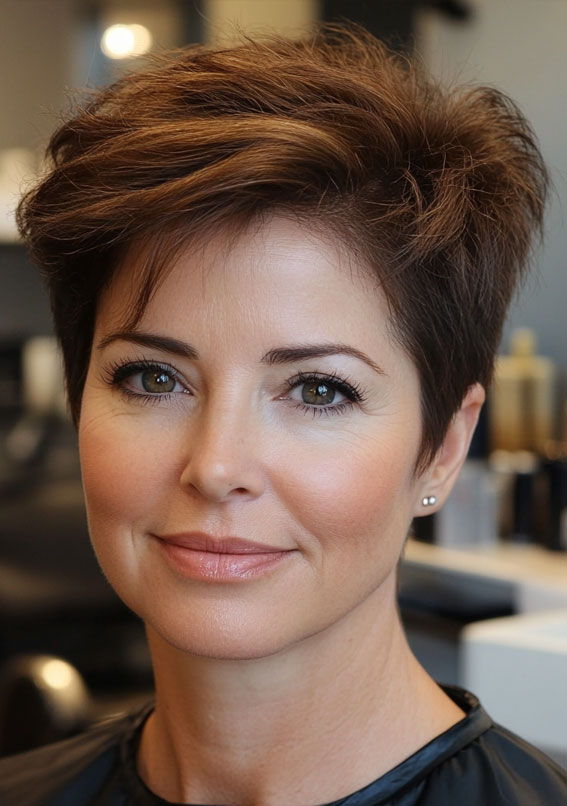 32 Pixie Haircuts For Women Over 40 : Chestnut Pixie with Subtle Volume