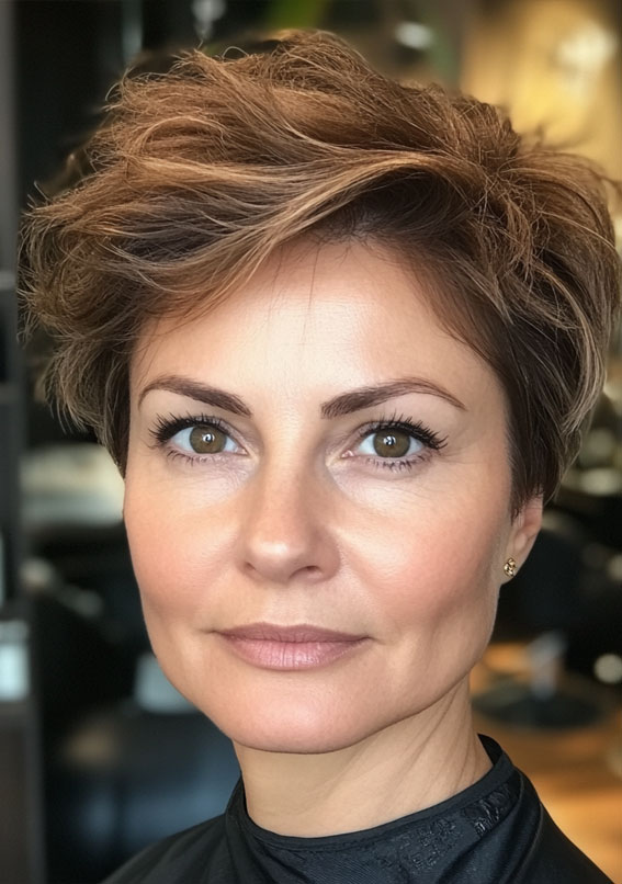 32 Pixie Haircuts For Women Over 40 : Textured Ash Brown Pixie with Tousled Volume