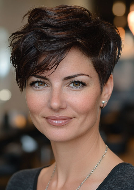 32 Pixie Haircuts For Women Over 40 : Textured Brunette Pixie with Soft Volume